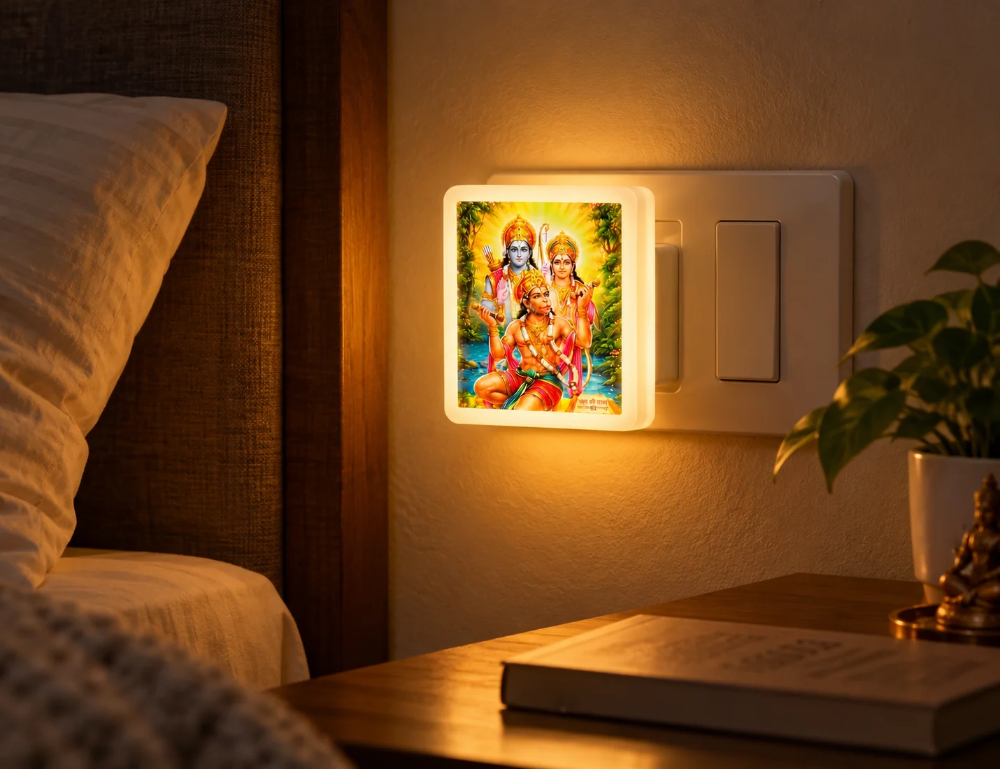 The night lamp giving a soft glow beside a bed at night