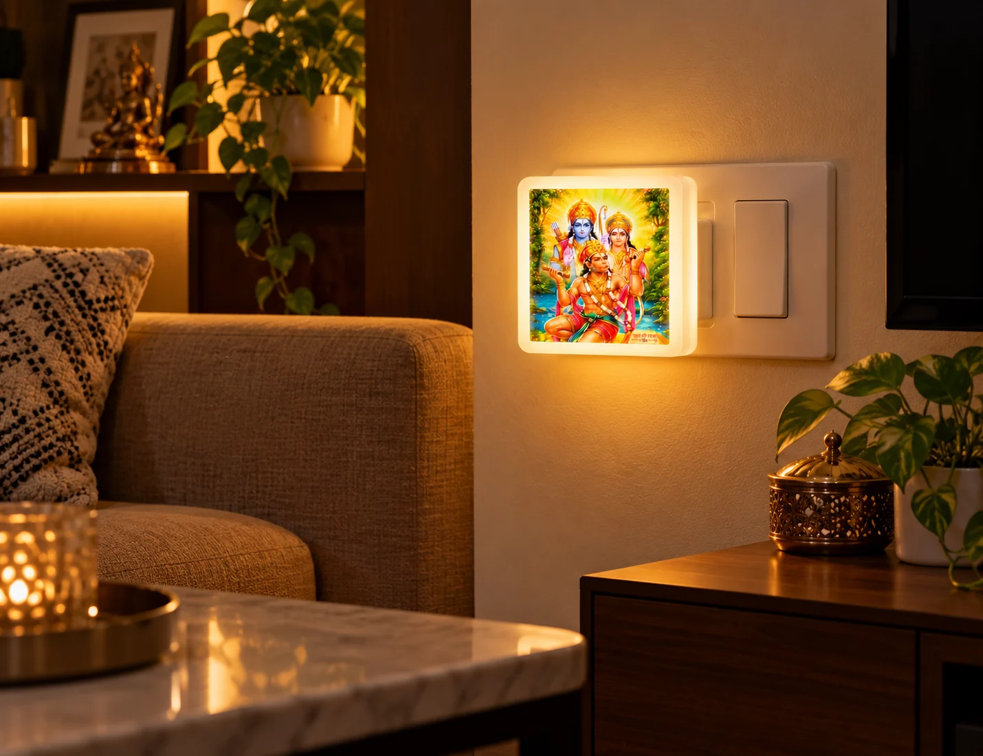The night lamp glowing on a living room wall in the evening
