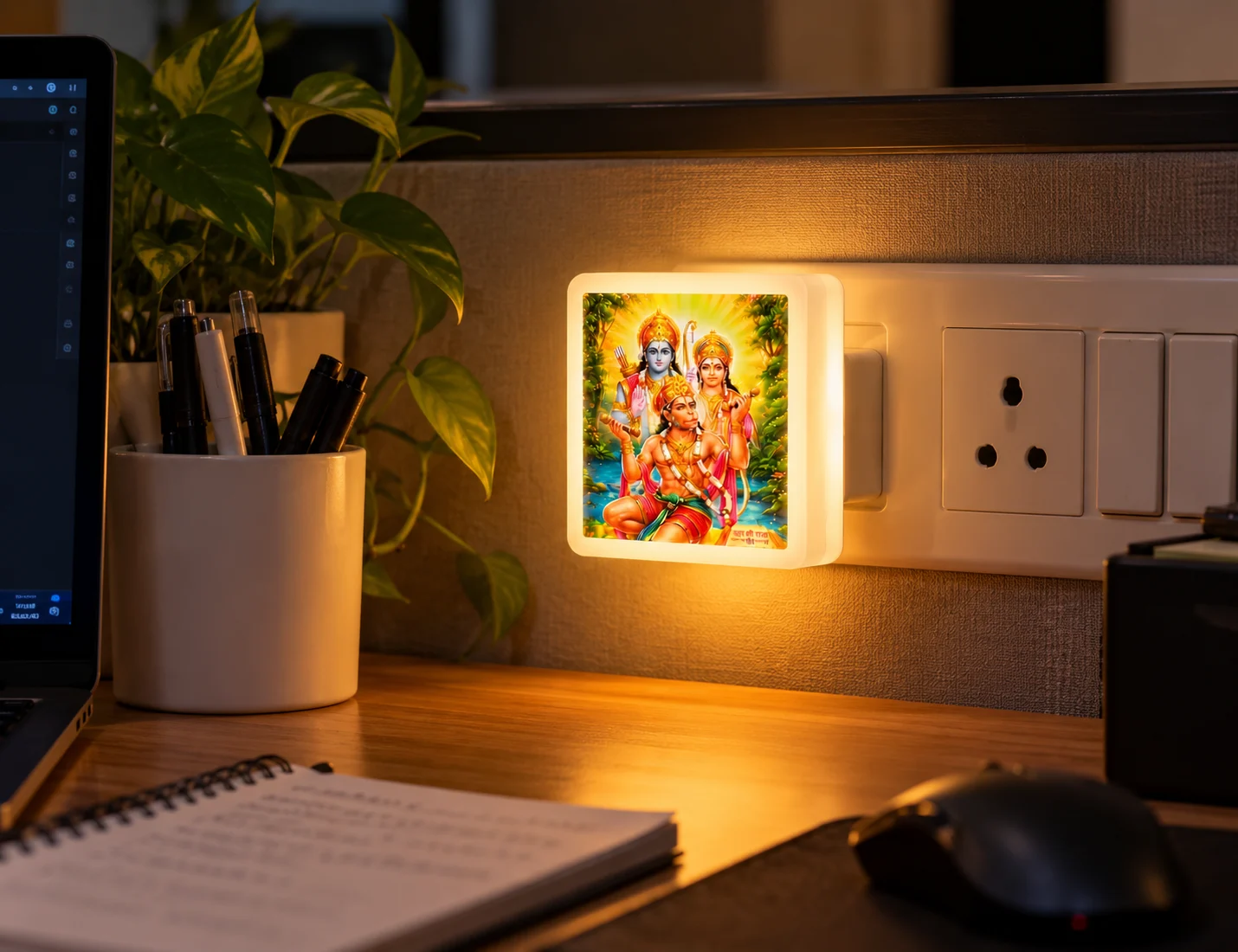 The night lamp plugged in beside an office desk