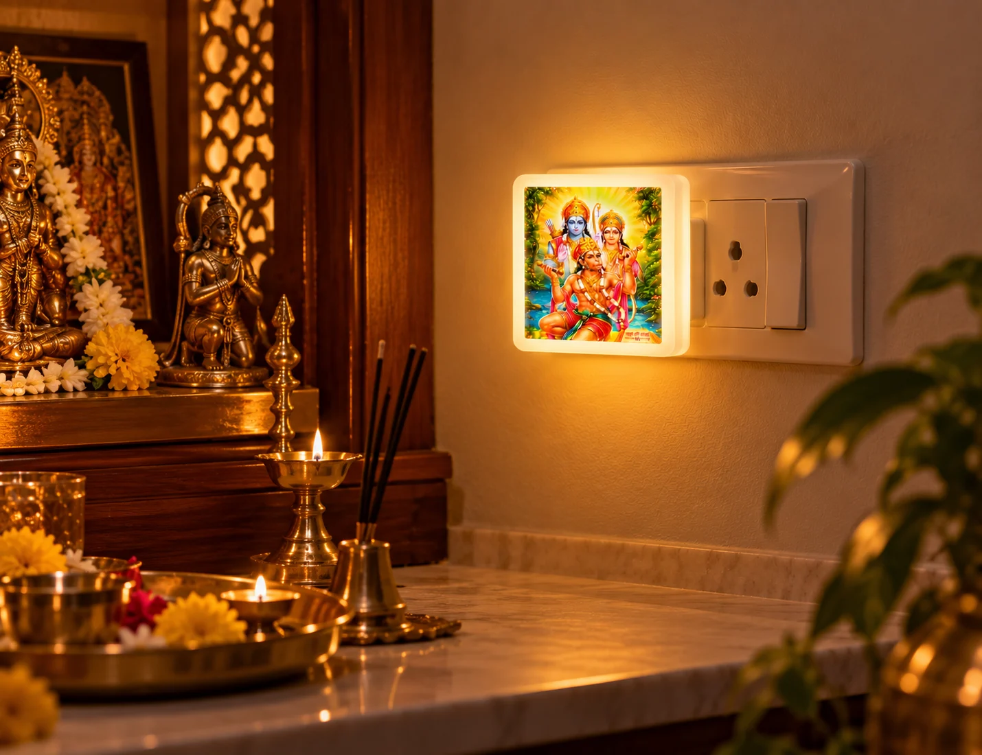 The night lamp glowing on the wall of a home puja room